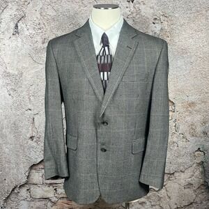 Jos A Bank Men's 44R Blazer Sport Coat‎ Black Gray Houndstooth Check Silk Wool